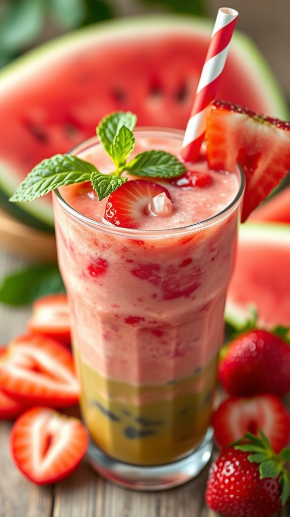 A refreshing tropical smoothie with watermelon and strawberries, garnished with mint, in a clear glass.